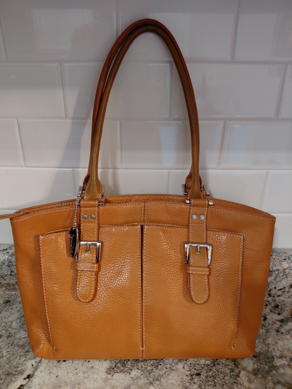 Tignanello Tan Chestnut Brown Pebbled Leather Shoulder Bag W/Buckle Accents